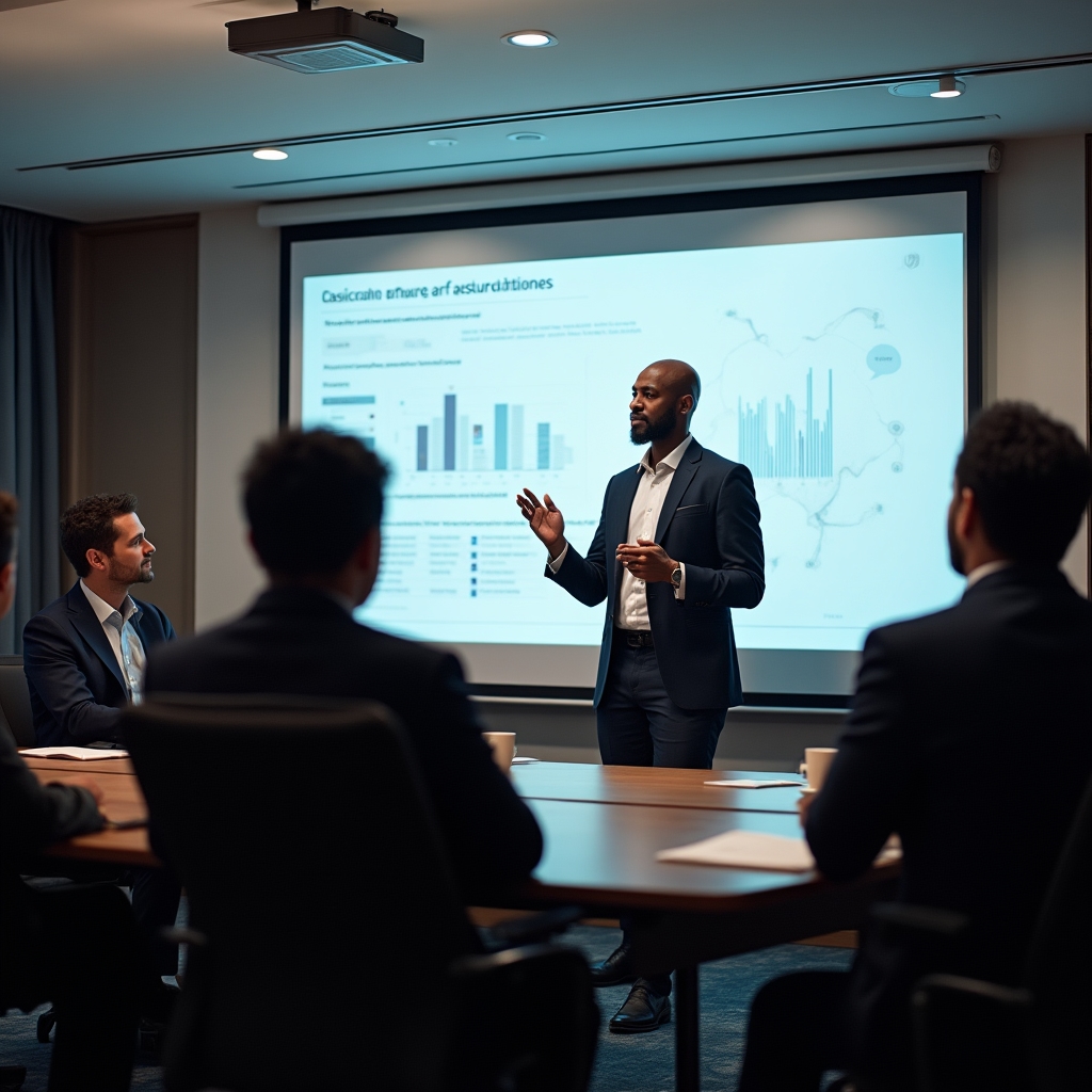 Profesional presentando resultados de un análisis de datos ante un grupo de compañeros