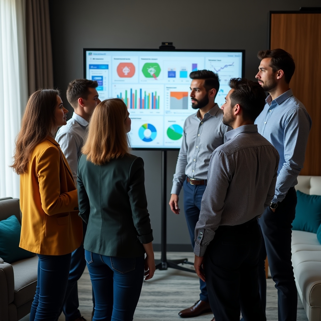 Equipo revisando indicadores en una pantalla durante una reunión de trabajo