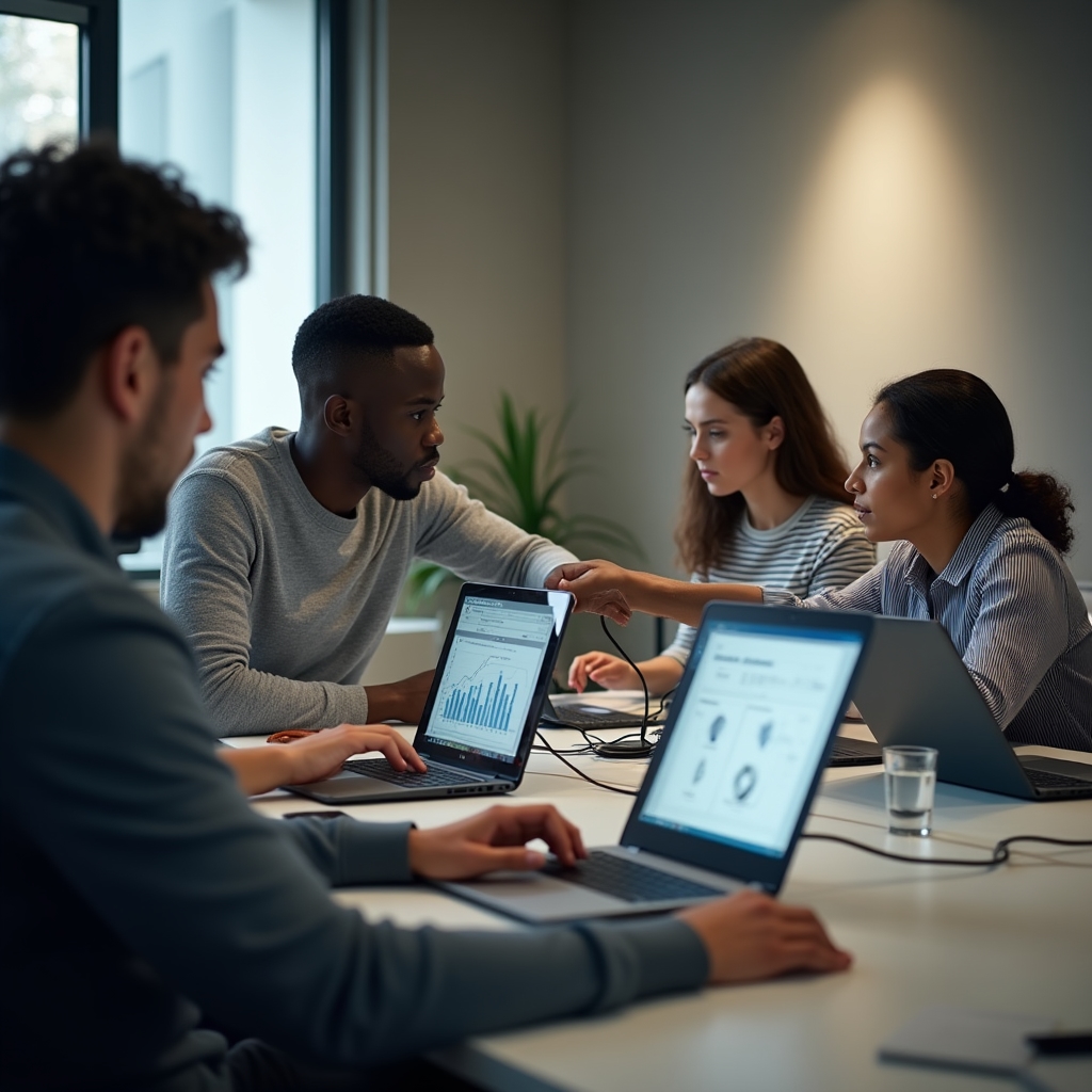 Grupo de profesionales trabajando con portátiles en una sesión de formación
