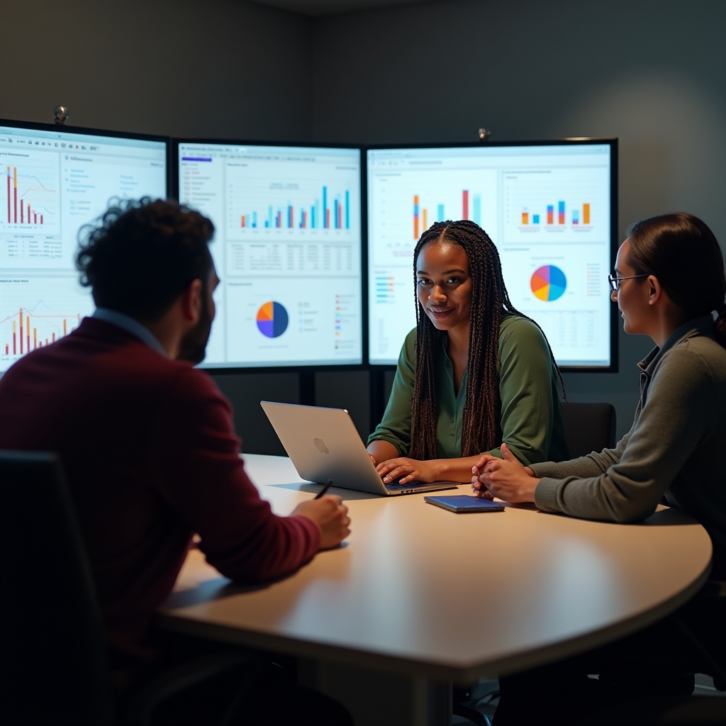 Grupo de trabajo practicando con herramientas de inteligencia de negocio en pantallas